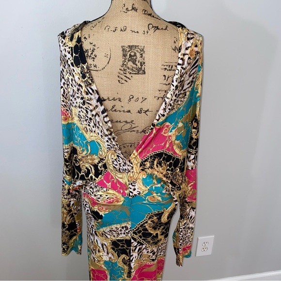 Colorful Animal Print Long Stretchy Open Back Maxi Dress Long Sleeves Size L - Picture 2 of 7